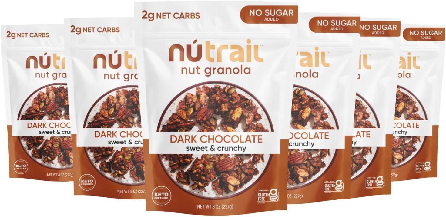 NuTrail Nut Granola, Dark Chocolate, No Sugar Added, Gluten Free, Grain Free, Keto, Low Carb, Healthy Breakfast Cereal 8 oz. 6 Count