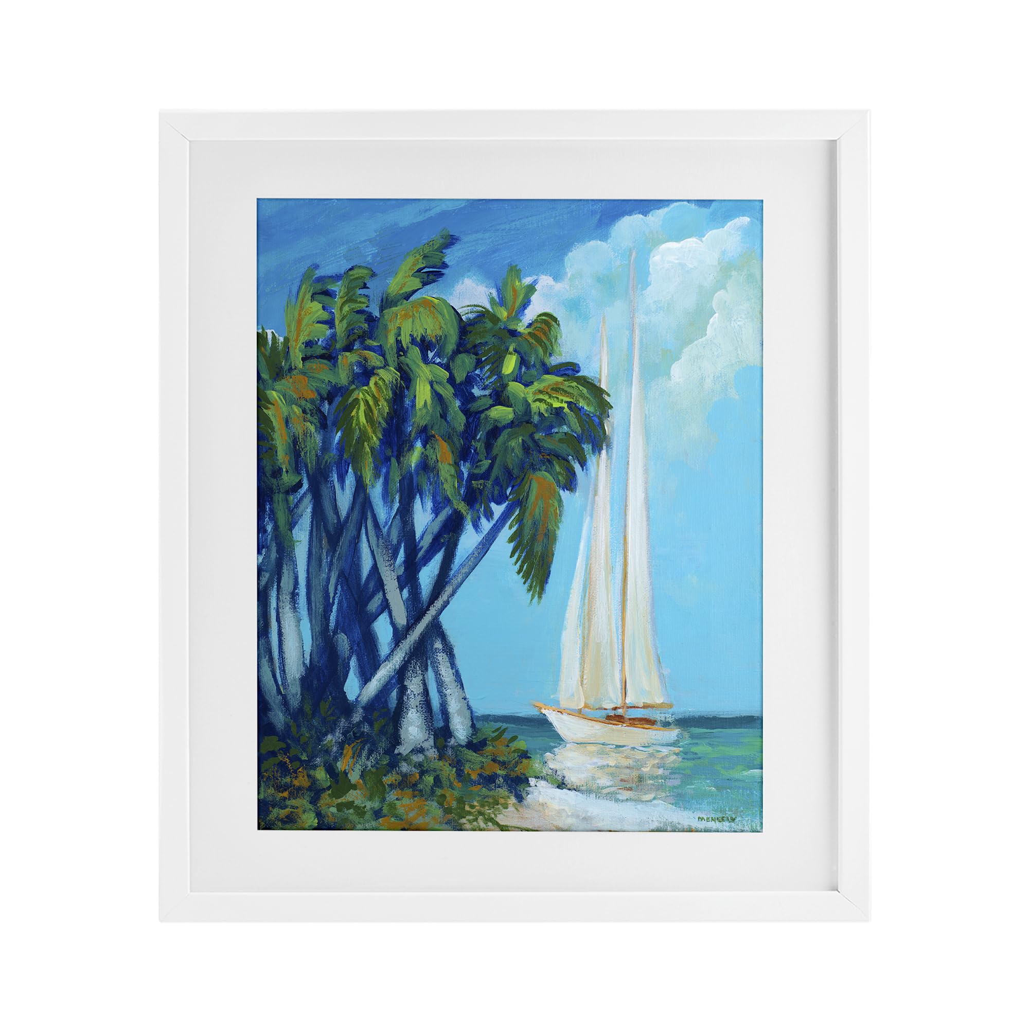 Stupell Industries 'Sailboat & Twisted Palms', Framed Print Under Glass, White, 17 x 21 Inches, Easy to Hang and Sturdy, Made in USA, by Dan Meneely