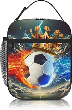Soccer Lunch Box,Water And Fire Crown Football Ball Lunch Bag,Sports-Themed Lunch Bag For Kids Teens Boys Girls, Insulated Cooler Waterproof Reusable Lunch Bags,Tote Bag With Double Zippers