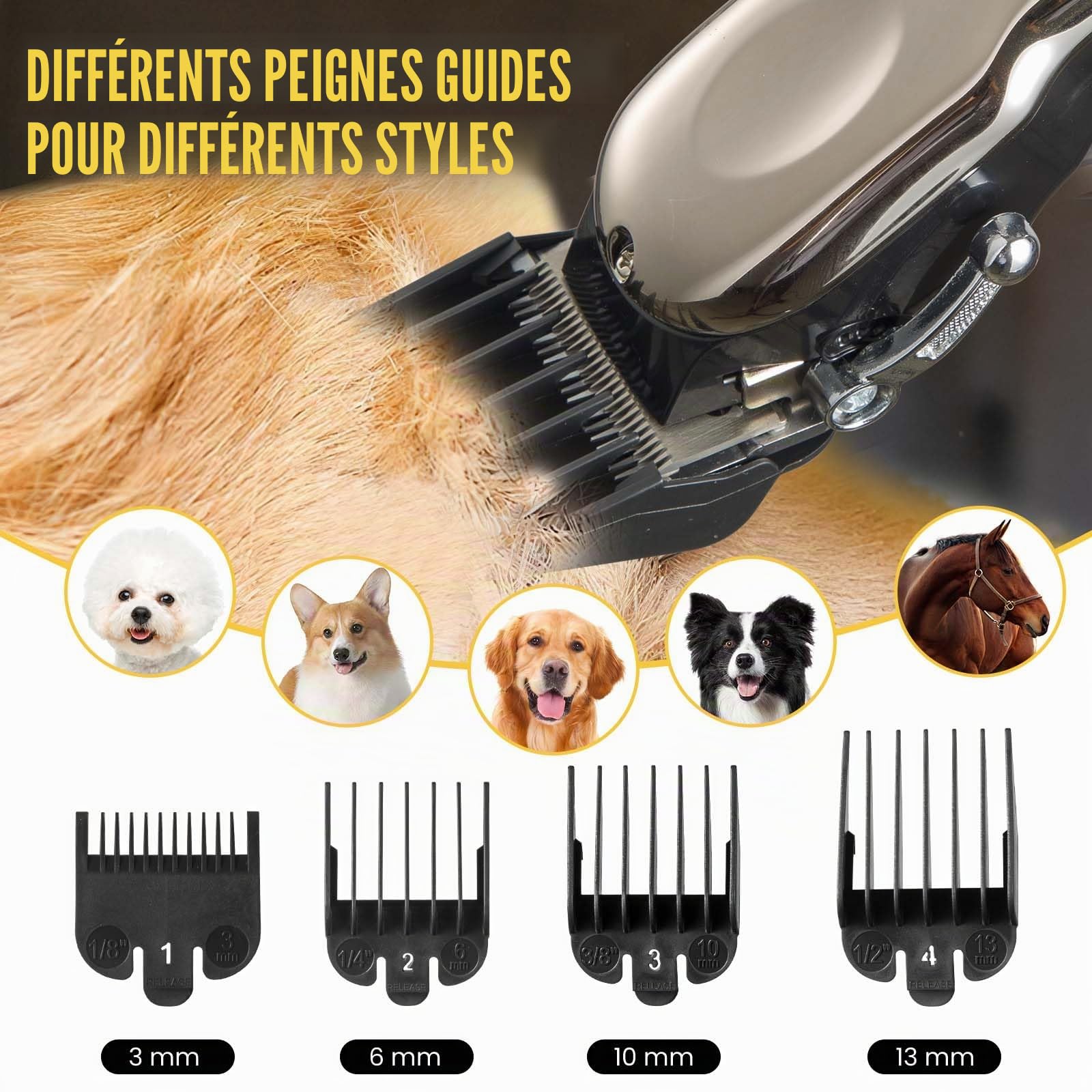 Tondeuse Sans Fil Professionnelle pour Chevaux - Électrique Rechargeable Toilettage Silencieuse - Tondeuse Animaux Poil Long - 4 Guides Inclus