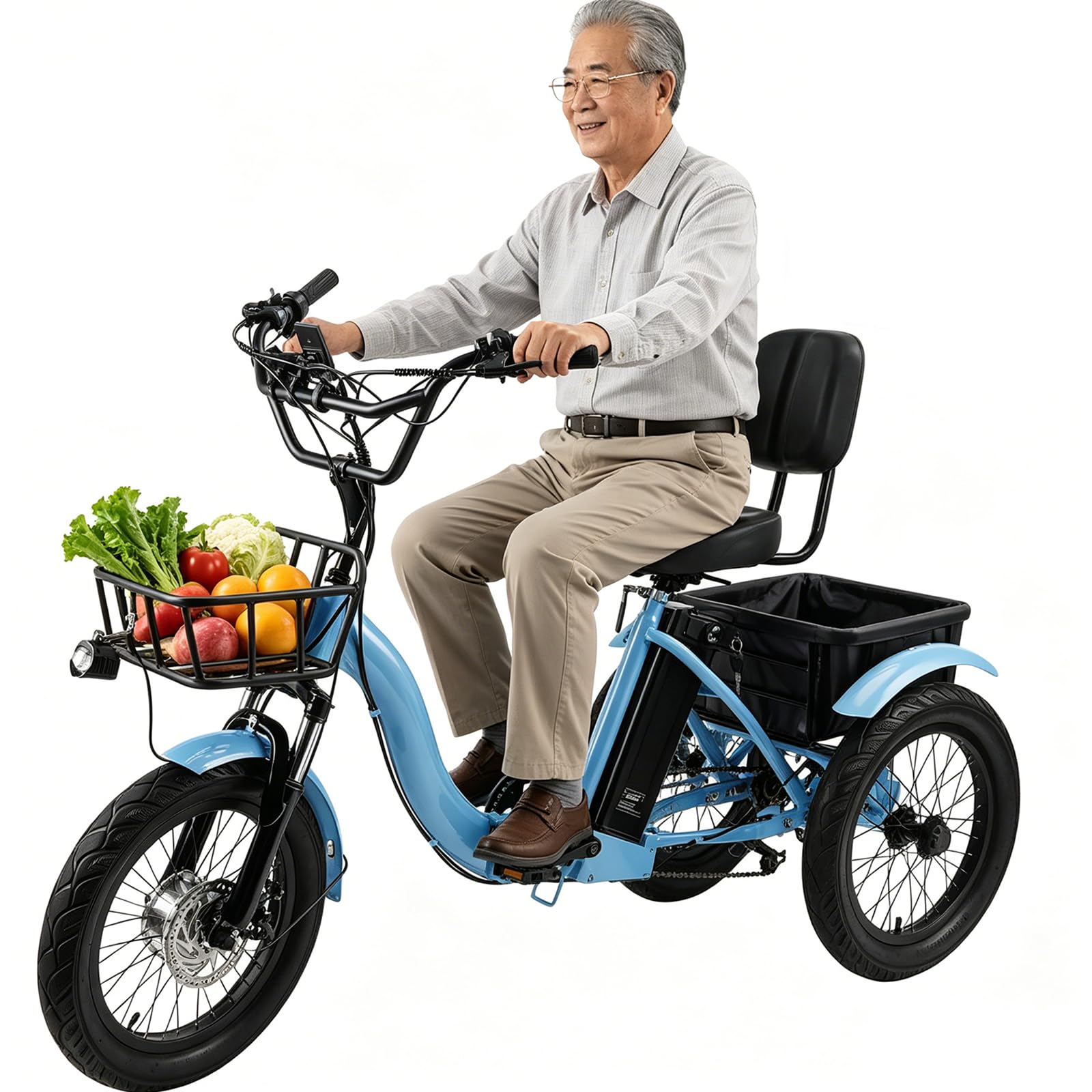Triciclo eléctrico Plegable Azul para Adultos, Bicicleta de 18 Pulgadas con Asistencia al pedaleo, 3 Modos, 7 velocidades, autonomía de 44 km, Capacidad para Subir Pendientes de 15° y Frenos