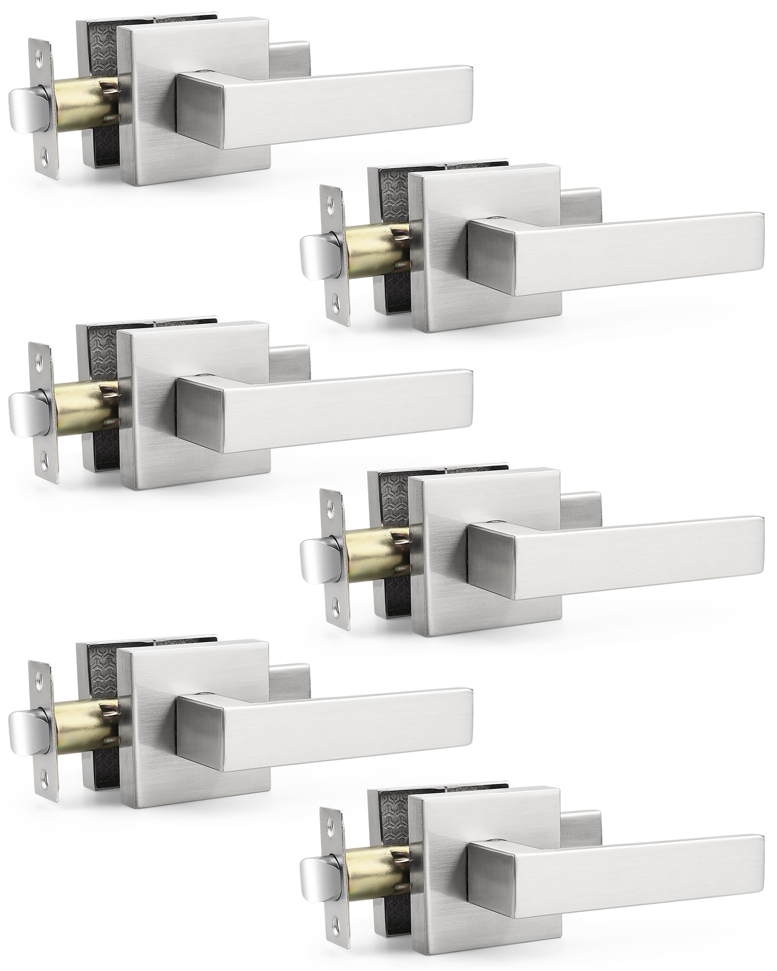 Probrico 6 Pack Square Door Lever Door Lock Handle Lockset Keyless Doorknobs Passage Knobs Lockset Interior Hallway Passage Closet in Satin Nickel