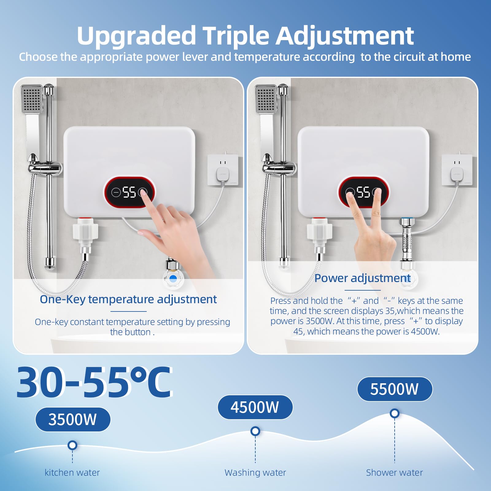 Elektrischer Durchlauferhitzer 5,5kW, 220V Instant Warmwasserbereiter mit Digitaldisplay & 3-Stufen-Leistungsmodus, IPX4 30-52℃ für Dusche, Küche & Garten [Energieklasse A] - Mit Regen