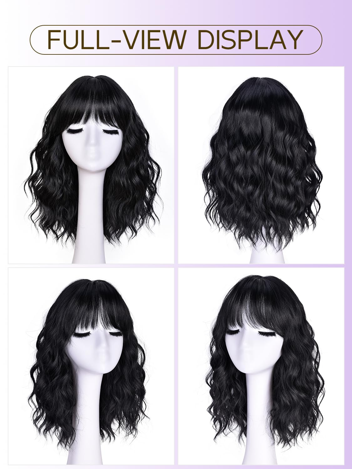 Short Wavy Wig with Bangs for Women Black Curly Wigs Natural Wavy Synthetic Wigs for Daily Party Cosplay - Image 5