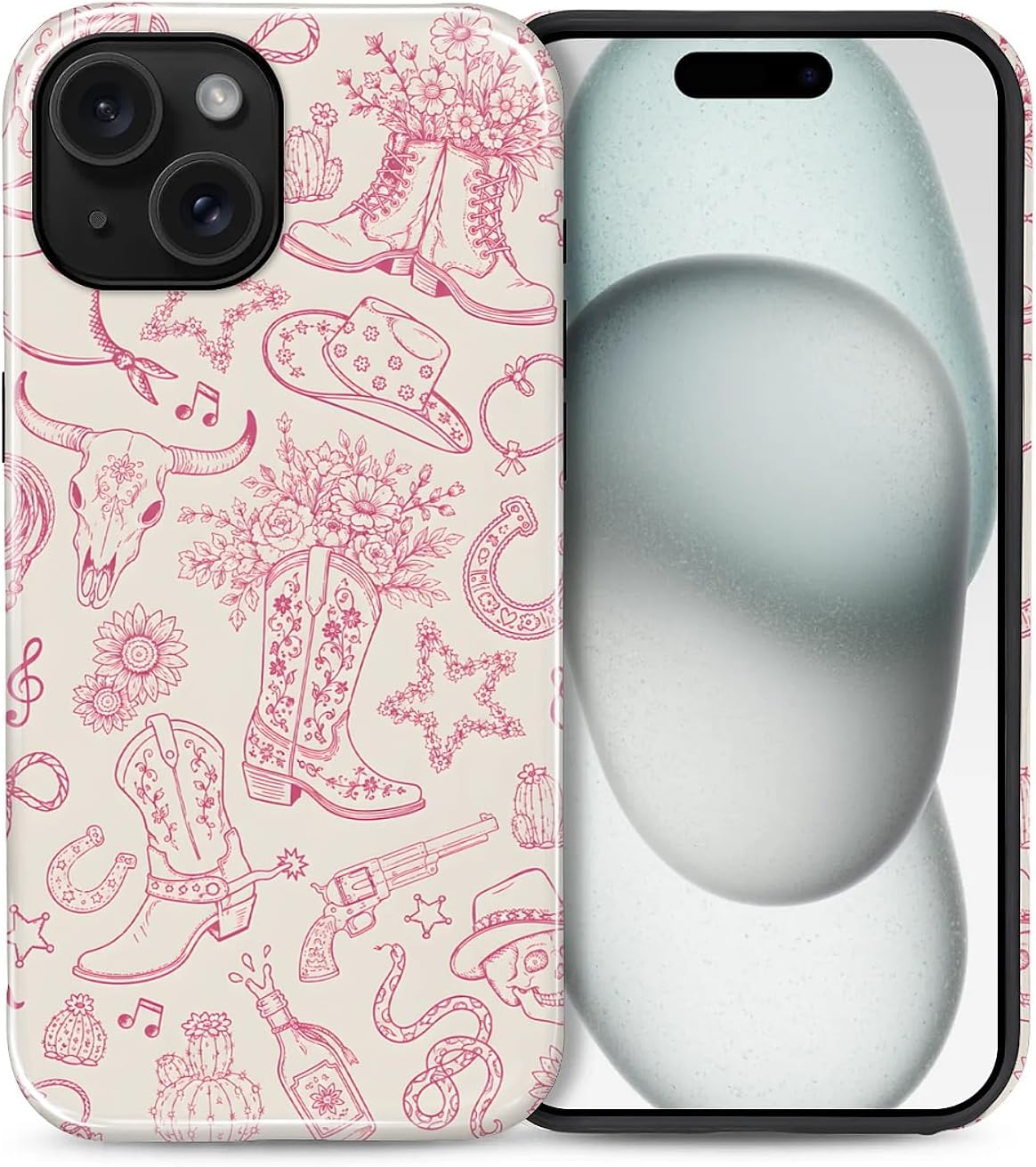 Case for iPhone 13 iPhone 14, PC Hard Shell & Silicone Inner Bumper, Anti-Scratch Full-Body Cover Shockproof Slim Design -Cute Pink Cowgirl Western Girl