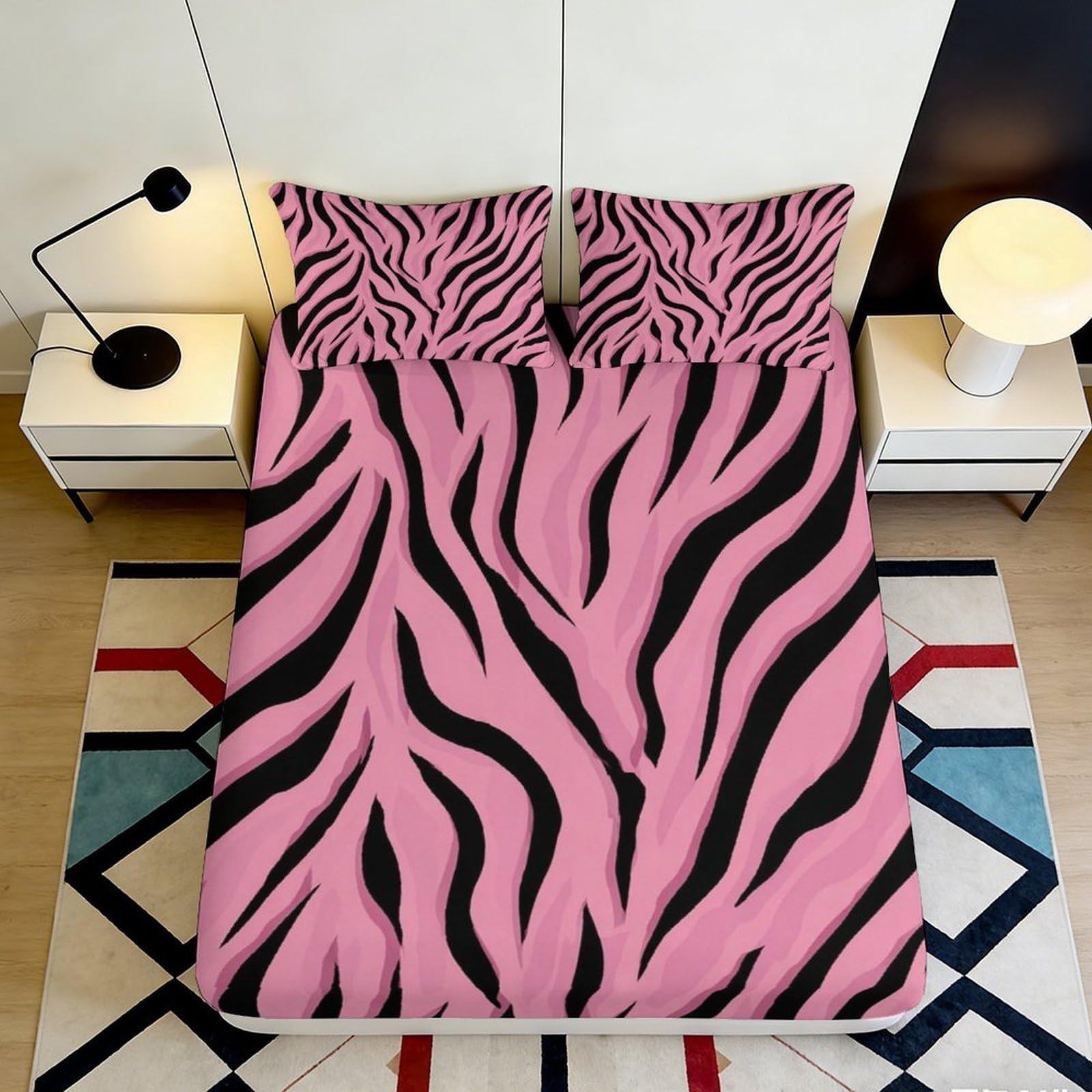 3D Printed Pink Zebra Fitted Sheet Microfiber Soft Bedroom Decor Black Stripe Mattress Cover for Home Dorm 90x200x25cm