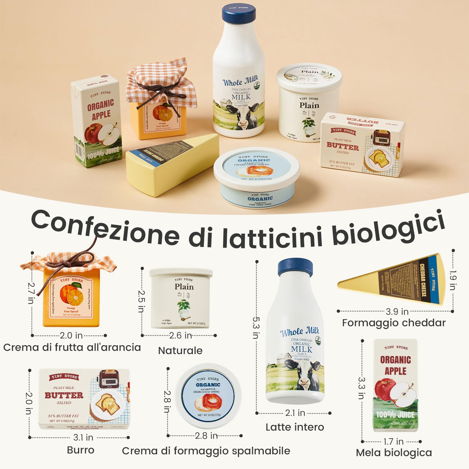 Tiny Land Cibo Giocattolo per Bambini - Set 7 Pezzi Latte e Formaggi, Accessori Cucina Bambini Montessori, Cibo Finto e Giochi Cucina Bambini per Mercato, Idea Regalo 2+ Anni