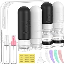 ME.FAN 18 Pack Travel Bottles for Toiletries, TSA Approved Travel Size Containers Set, Silicone Squeezable Portable Split Bottle, Travel Accessories for Conditioner, Shampoo, Lotion - Black/White