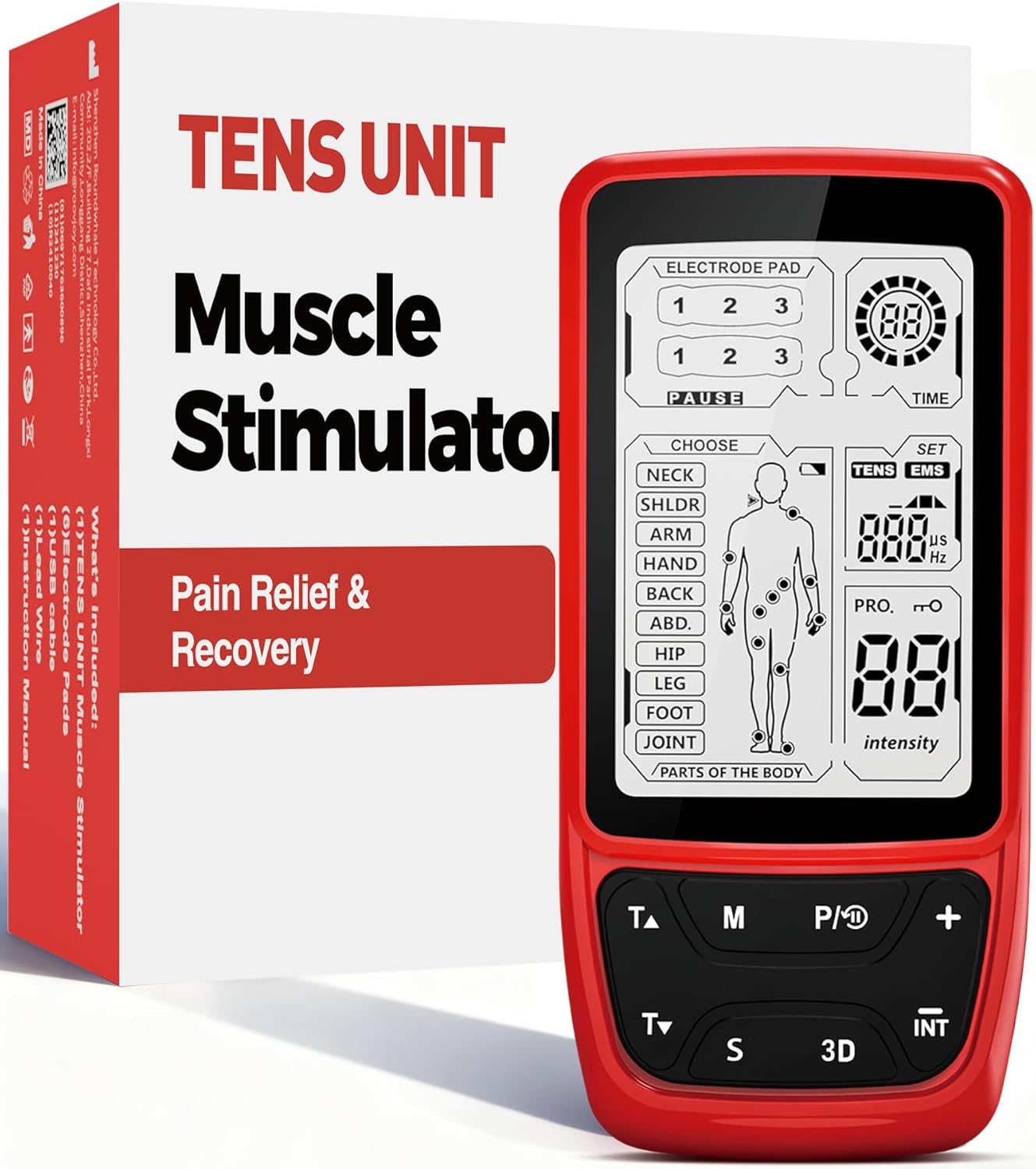 TENS Unit Muscle Stimulator Pro - Neck & Back Comfort, Muscle Recovery & Physical Therapy, Rechargeable EMS Massage Machine with 50 Modes, Dual Channel, Large LCD Screen, Model Red