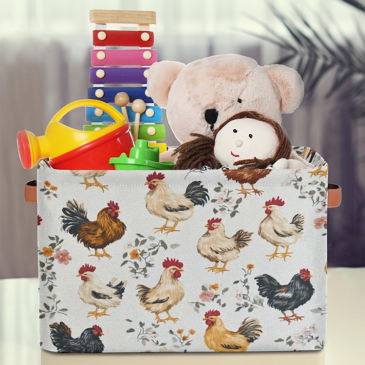 Chicken And Chicks Rectangular Storage Bin Collapsible Storage Basket Organizer Boxes with Leather Handle Storage Cube for Shelves Toy Laundry Nursery 1 PC image 3