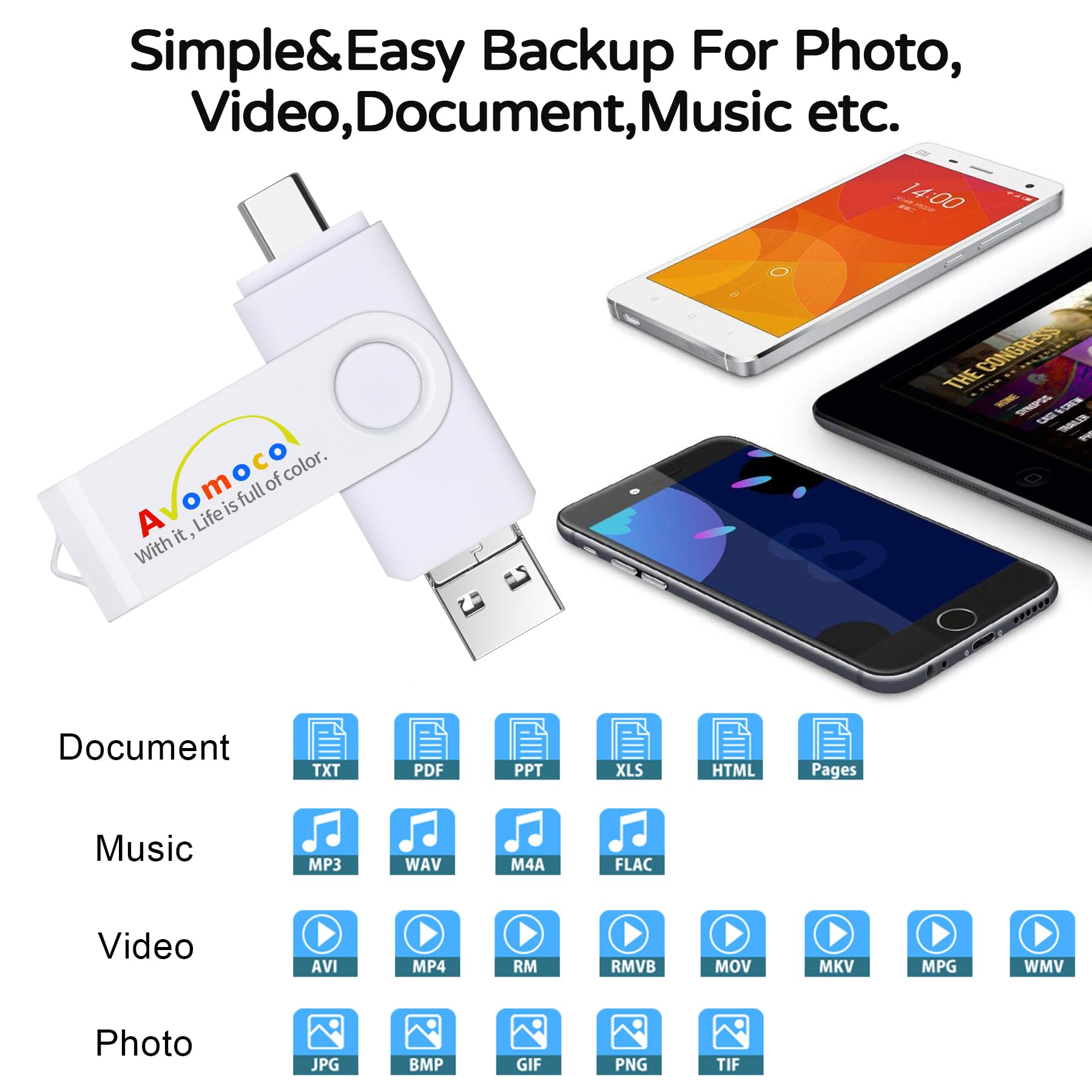 Bastone di backup fotografico 3 in 1 da 512 GB per telefoni cellulari con porta TypeC/USB C e micro, tablet. Compatibile con iPhone15, 15Pro, Promax e Samsung, LG, Google, Hua Wei, Moto, One
