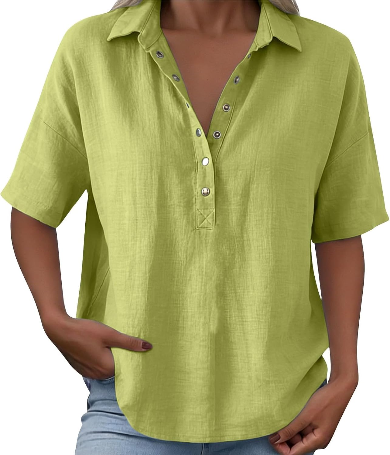 Womens Cotton Linen Shirts V Neck Tops Short Sleeve Collared Summer Tees Casual Loose Breathable Fashion T Shirts
