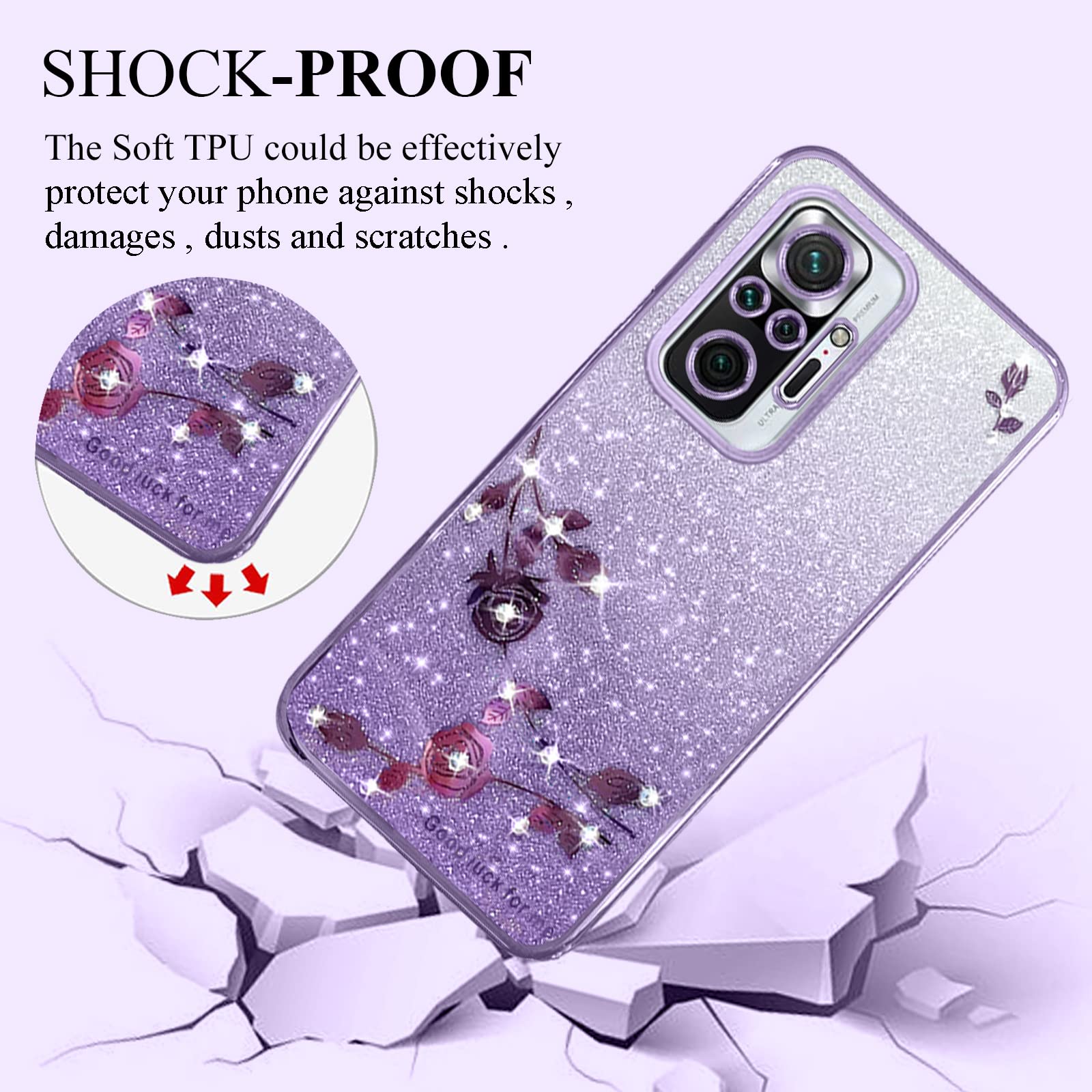 PEIYE Cover per Xiaomi Redmi Note 10 Pro 4G - Custodia Antiurto in Silicone Morbido, con Bordo Elettroplastificato e Carta Glitter Integrata, Case -Rosa Gradiente
