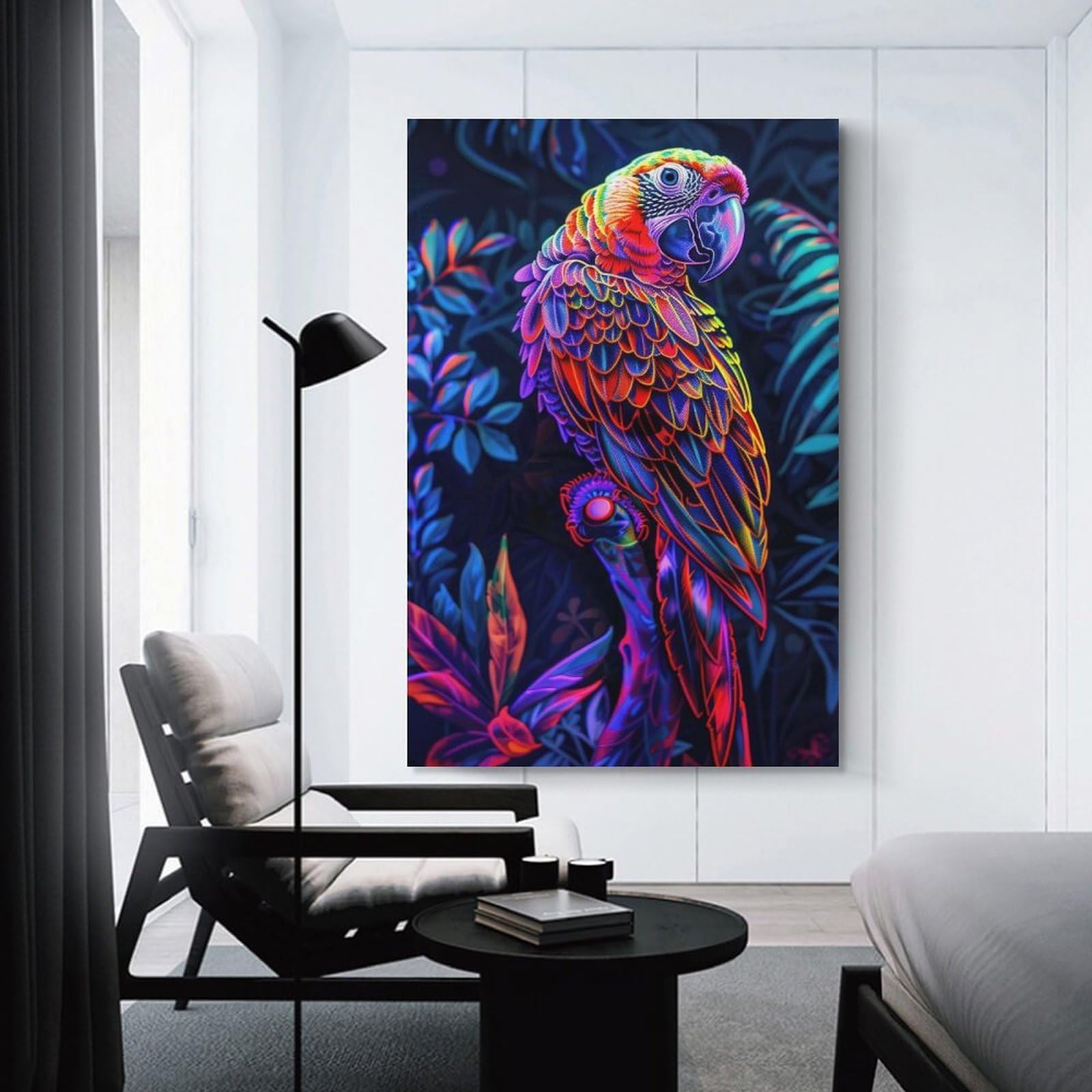 Junmoney Unframe-Style-2 Neon Parrot In Jungle Home Decor Wall Art 12X18inch(30X45cm), For Bedroom, Guest Room Or Reading Nook, Decorative Wall Art For Cosy Rooms