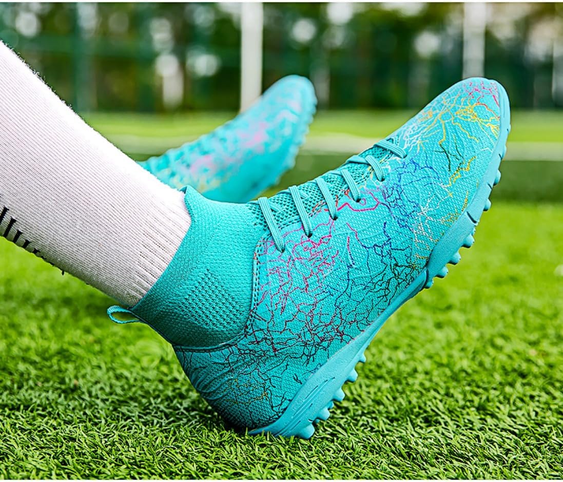 Unisex High Top Soccer Cleats for Kids Teens Adults Sneakers Durable Leather Upper for Artificial Turf,for Training Family Football Boots with Socks and Guards