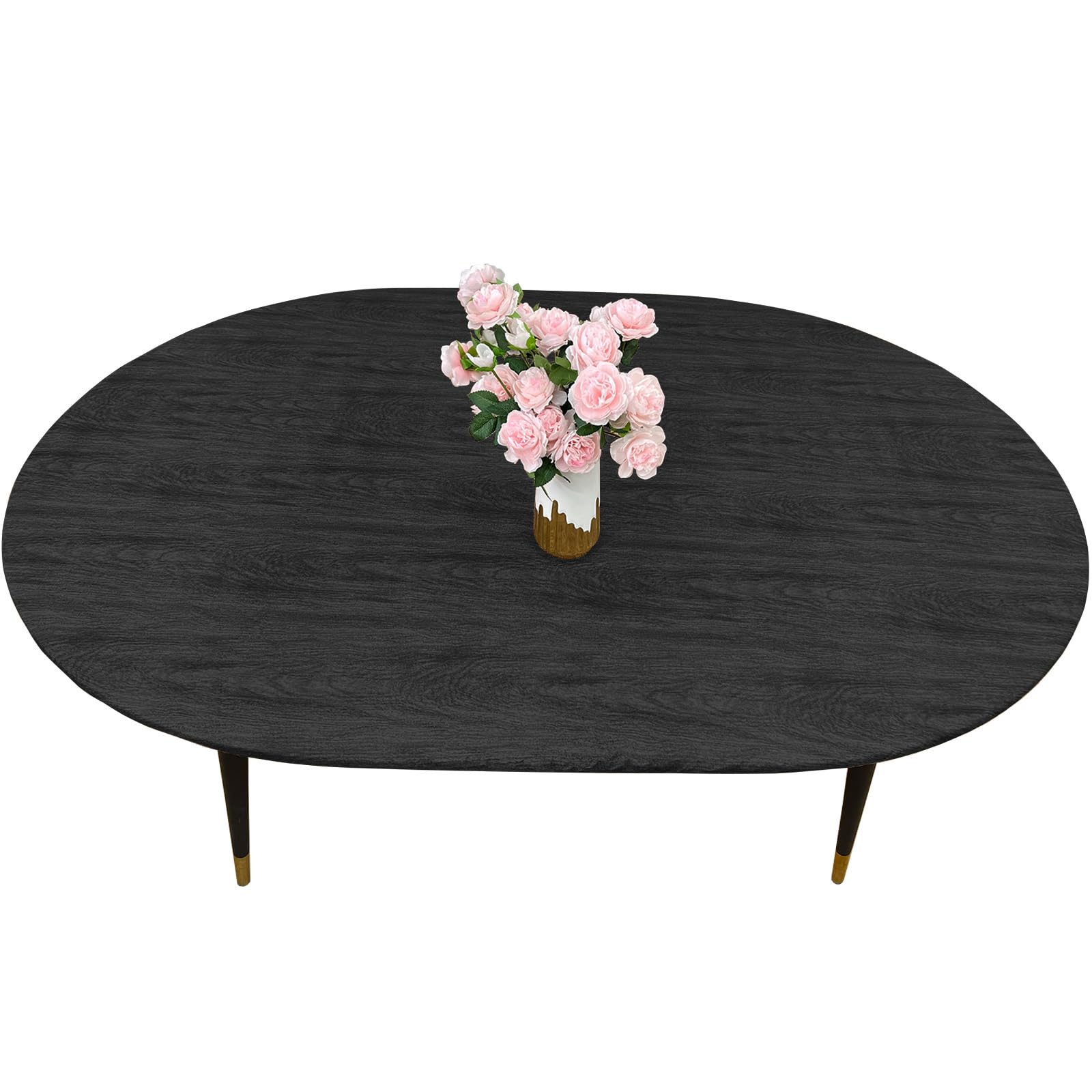 LIBERECOO Oval Fitted Vinyl Tablecloth - Black Wood - Fits 48 x 68 Inch Oval Table - Waterproof, Elastic Edged for Secure Fit, Easy to Clean Plastic
