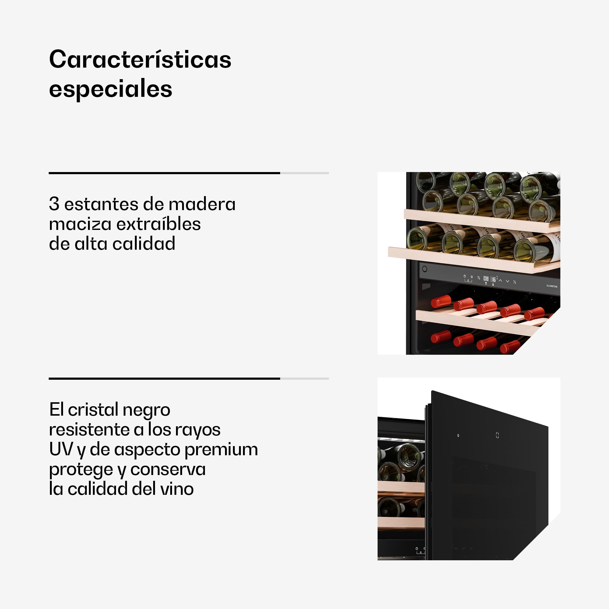 Klarstein Velaire Vinoteca 2 Zonas - 36 Botellas, Empotrable, 5-22°C, Control Táctil, LED, Estantes de Madera, Puerta UV, 41 dB, Nevera Vinos, Cava Vino