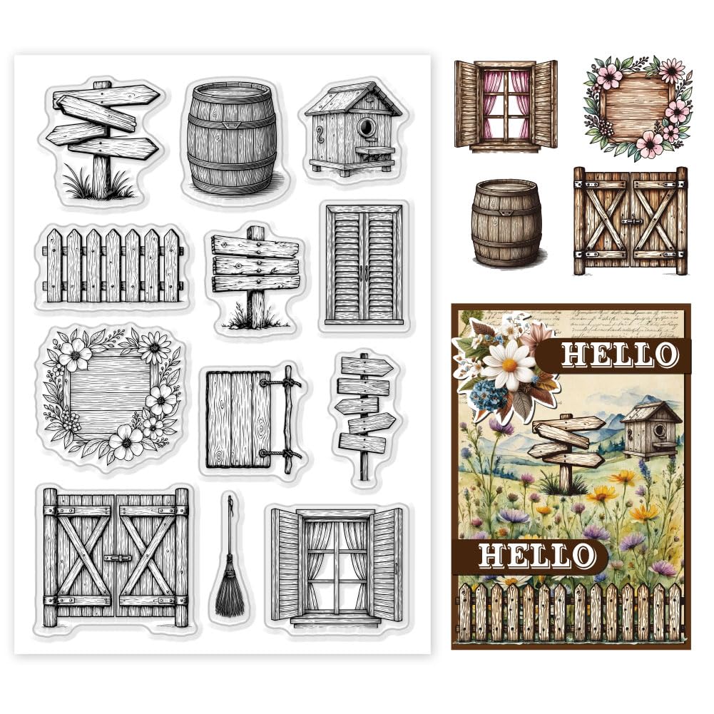 GOMAKERER 1 Sheet Clear Stamp, Wooden Door Barrel Wooden Fence Broomstick Transparent Rubber Stamps Reusable Silicone Clear Stamp Seals for Card Making Scrapbooking Album Decor, 16x11cm