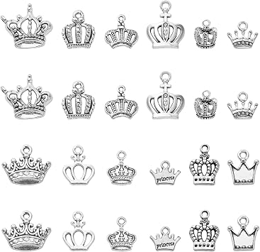 KitBeads 120pcs Tibetan Crown Charms Antique Silver Mixed Styles King Queen Crown for Jewelry Making Bracelets Bulk