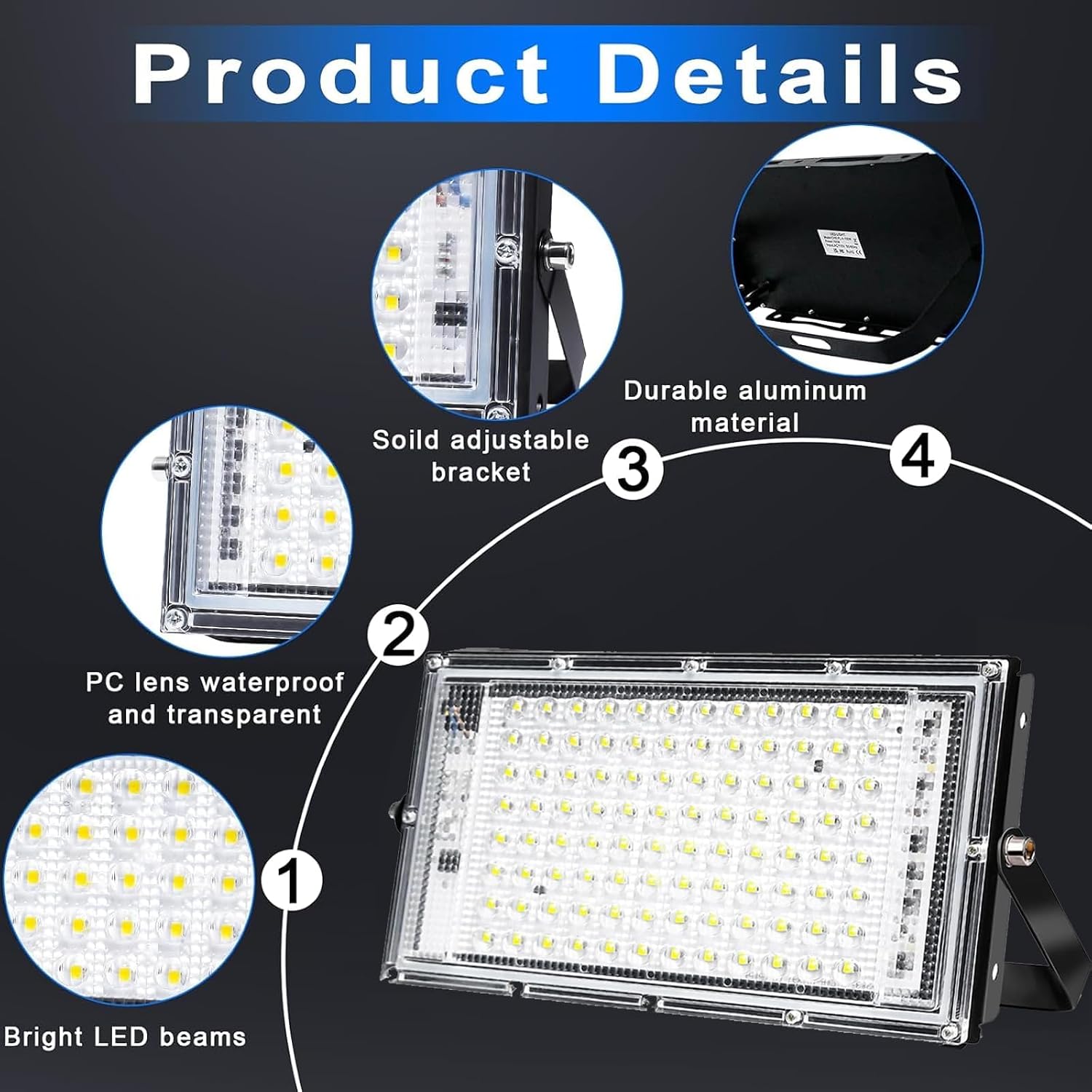 LED Flood Lights, 4 Pack 100W Outdoor Floodlights with Plug, 10000 Lumens 6500K Super Bright Plug in Flood Light, IP66 Waterproof Exterior Security Lights for Garden, Yard, Garage, Porch, Playground