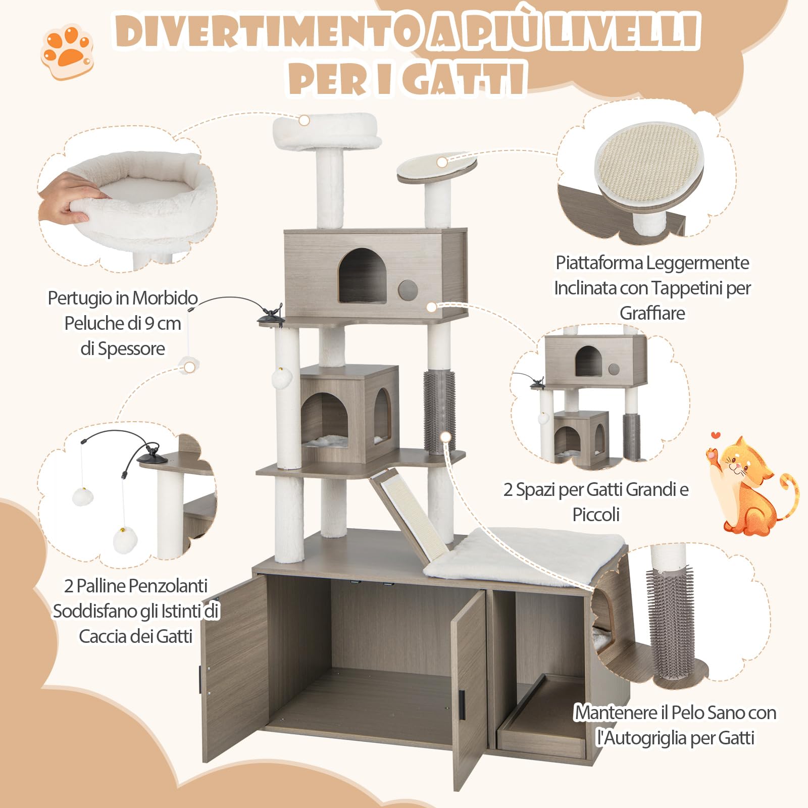 COSTWAY Albero per Gatti con Mobile per Lettiera, Torre per Gatti Moderna 2-in-1 con Doppie Cucce, Piattaforma Superiore, Pali in Sisal, Tiragraffi, Rampino, Piattaforma e Palline, Grigio