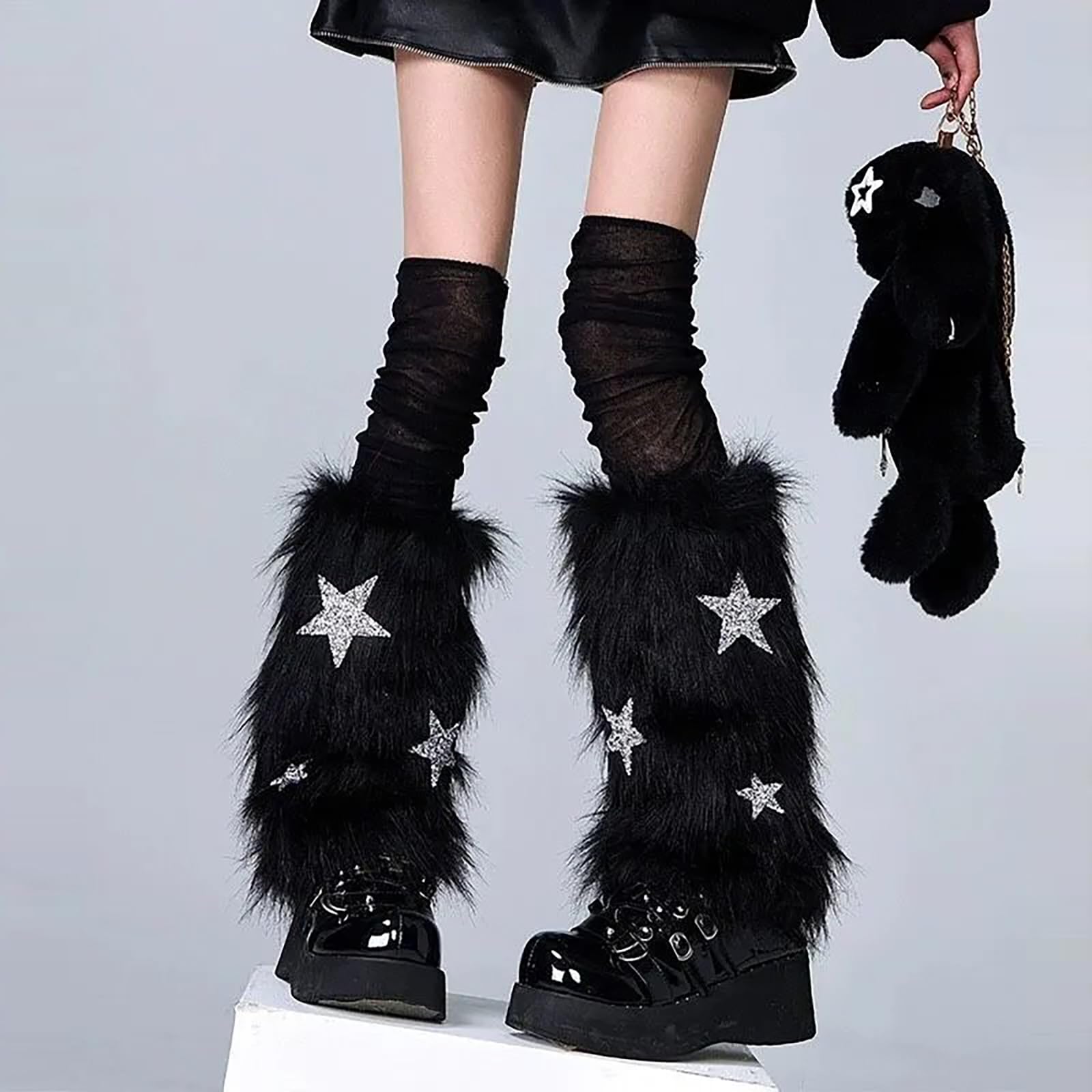 Calentadores de piernas de felpa peludos para mujer, trajes de invierno, lindos lazos, estrellas, fundas para botas mullidas, para fiesta de Navidad, calcetines, fundas de botas de felpa