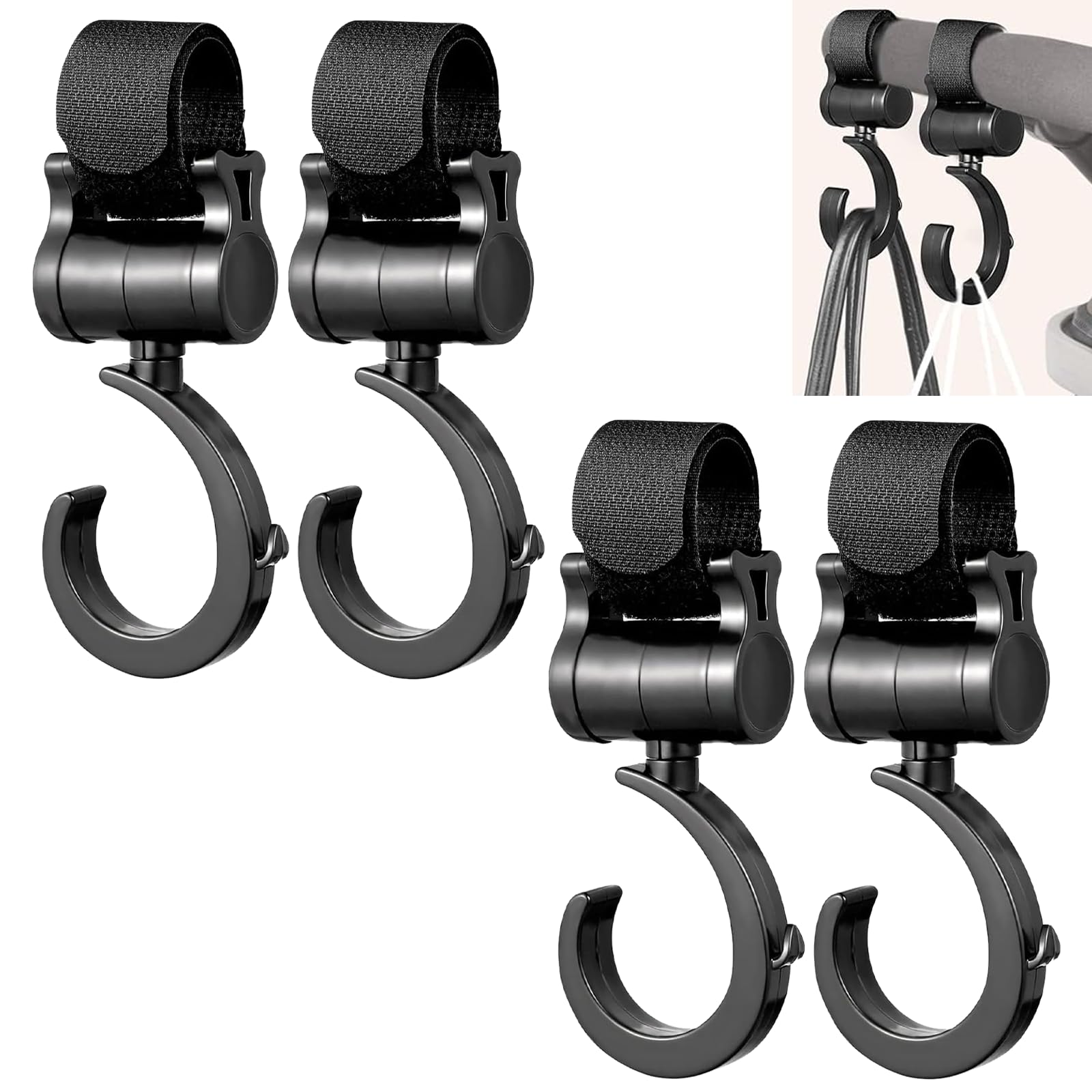 4Pcs Pram Hooks for Bags, Pram Clips for Buggy, 360° Rotation Adjustbale Buggy Clips Pushchair Accessories for Rollator Stroller Wheelchairs Mobility Scooter, Luggage Hook Universal Fit, Single-Hook