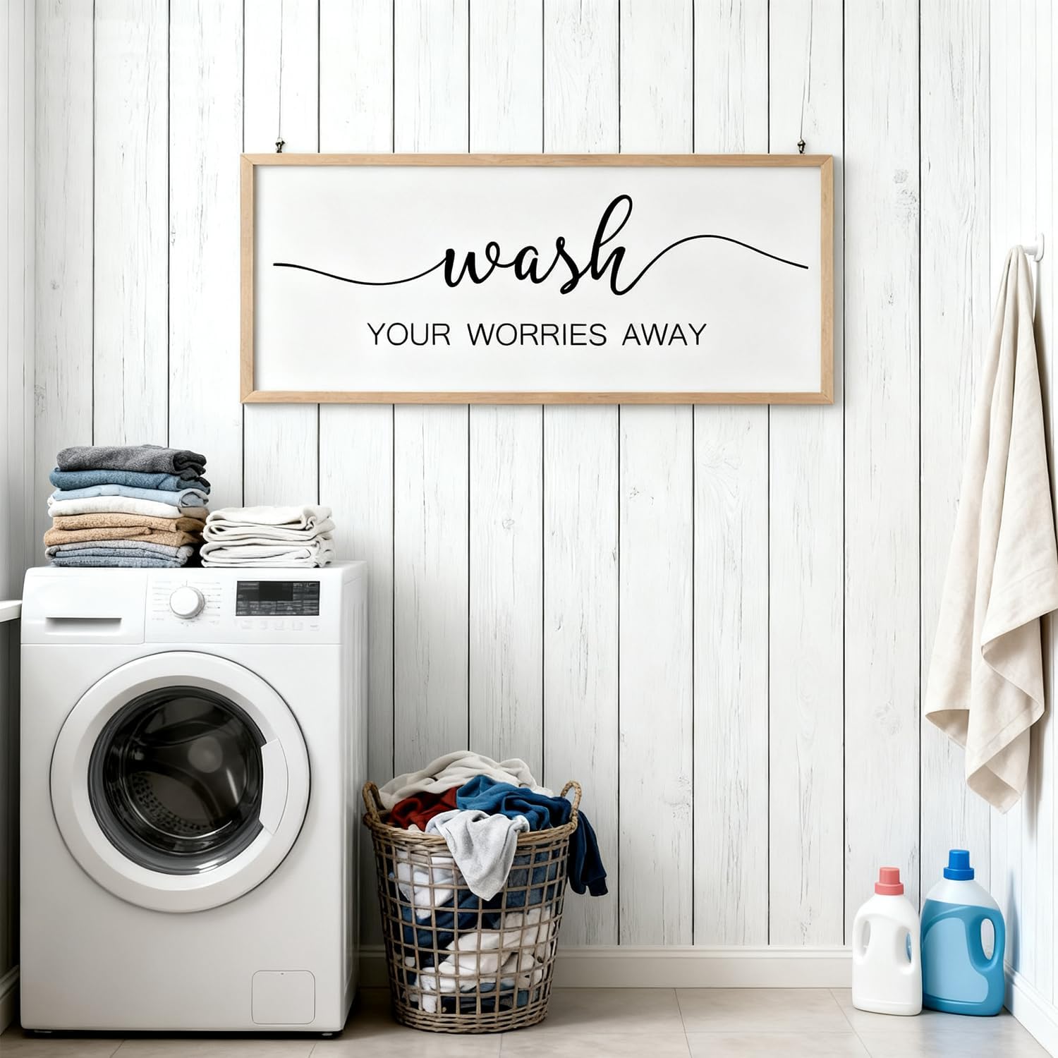 Foutcheou Funny Wash Your Worries Away Bathroom Wall Decor Sign 32x12 Inch Framed Wooden Wall Art with Inspirational Quote, Farmhouse for Home Laundry Room Guest Powder Room Wall Decor