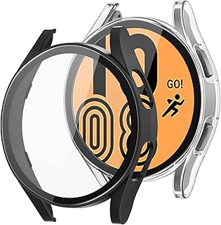 Goton 2-Pack for Samsung Galaxy watch 4 Screen Protector Case 44mm Accessories - Hard PC Face Cover with Tempered Glass Film for Galaxy watch 4 44mm Clear + Black