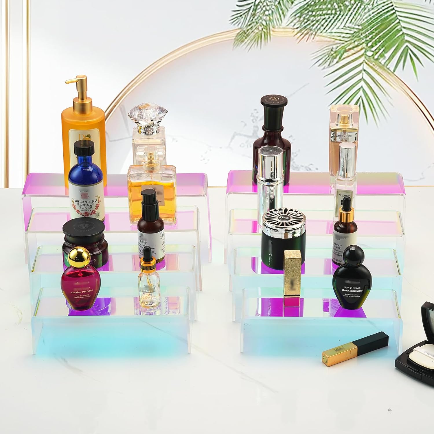 Iridescent Risers Display Stands, 8 Pack Durable Acrylic Colorful Rectangle Shelf Riser Stand for Retail Vendor Halloween Supplies Display Buffet Cupcake Figure Collectible Perfume Jewelry