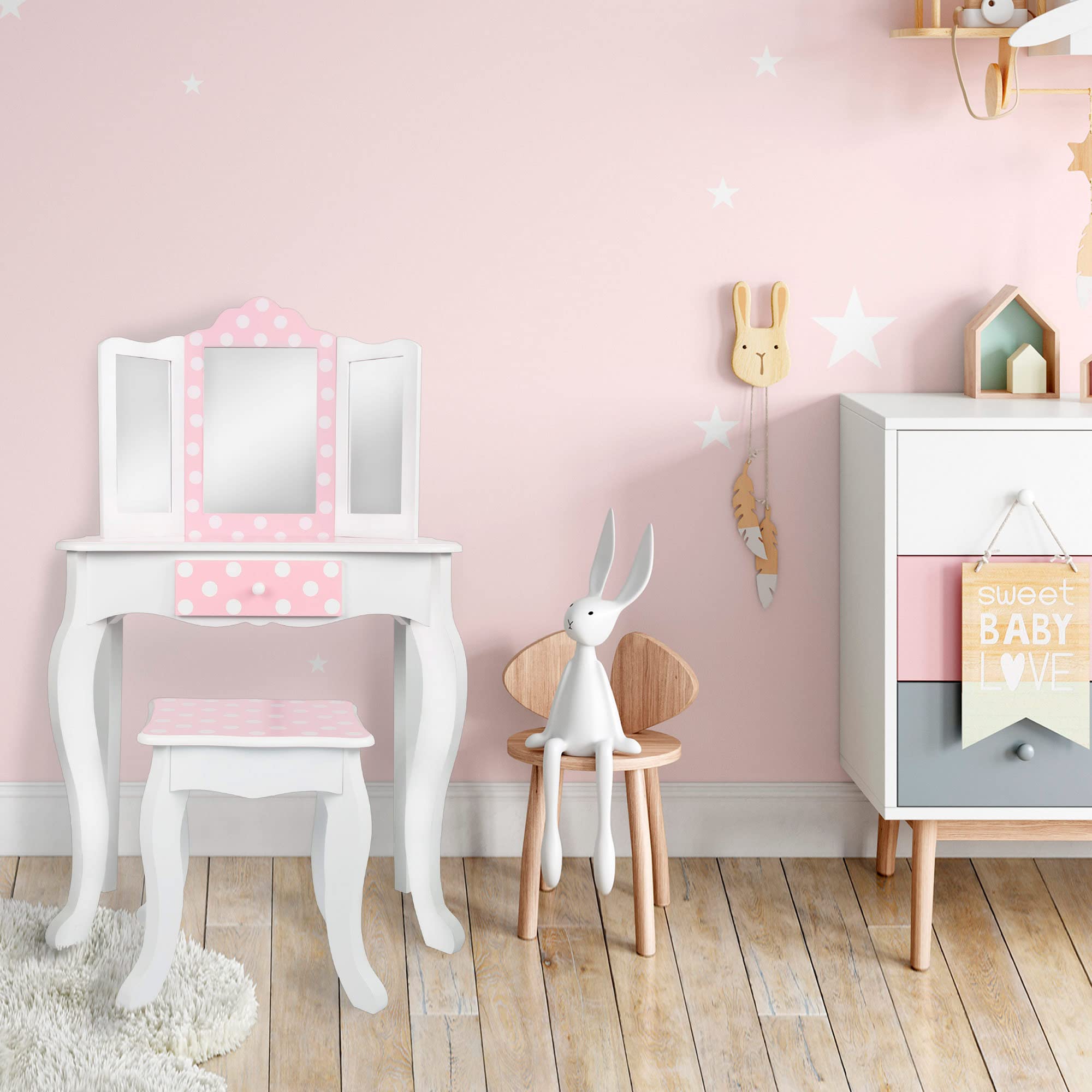 WOOMAX - Tocador niña, Maquillaje niña niño, Tocador de Madera Infantil con Taburete y Espejo Niña, Centro de Belleza con cajón, Juguetes educativos niños 3 años, Juguetes imitación (85388)