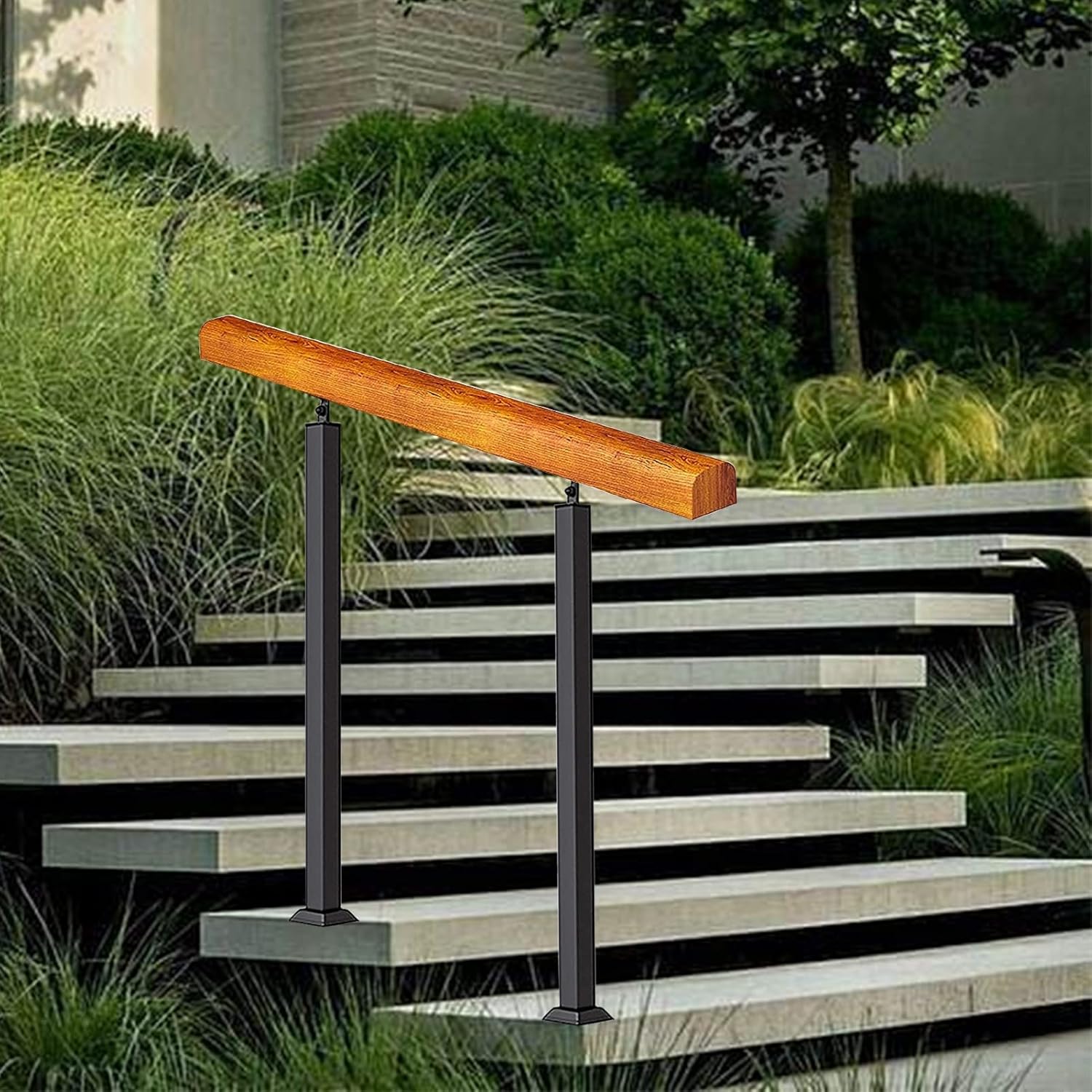 ステップ手すり階段手すり手すり木製手すり安全、2つの調節可能なブラックメタル錬鉄製ポスト、外部ロフトヴィラガーデン用の滑り止め安全手