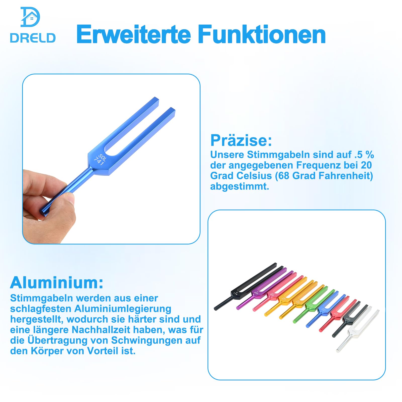 DRELD Stimmgabel,Stimmgabel Neurologie,10er Set (174 Hz, 285 Hz, 396 Hz, 417 Hz, 432 Hz, 528 Hz, 639 Hz, 741 Hz, 852 Hz, and 963 Hz), für Klangtherapie Gewichtete Stimmgabel Geeignet Meditation
