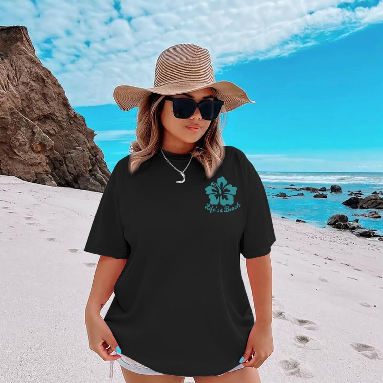 KEEVICI Hawaiian Beach T Shirts for Women Hibiscus Flower Palm Tree Shirt Tropical Graphic Tees Summer Beachy Vacation Tops - Image 4