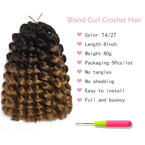 Vista 2 de 5 piezas de cabello rizado con ganchillo jamaicano de 8 pulgadas, trenzas cortas y rizadas para mujeres negras, 20 raíces por paquete (T427)