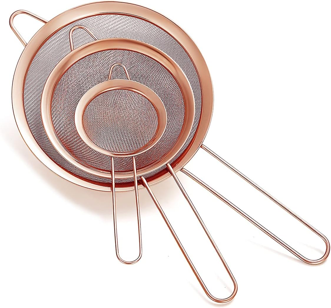HOMQUEN Copper Fine Mesh Strainer 3 Pieces Set, Rose Gold Flour Sifter For Baking, Stainless Steel Clander, Copper Matcha Tea Strainer, Gravy Separator, Stasher Sieve Pasta Strainers