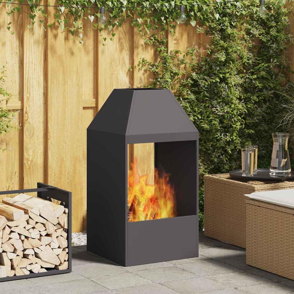 Feuerstelle Schwarz aus Stahl 50 x 50 x 100 cm für Terrasse und Garten, Kamin Ofen für Outdoor Treffen, Holzhalter mit Wärme und Deko für behagliche Abende