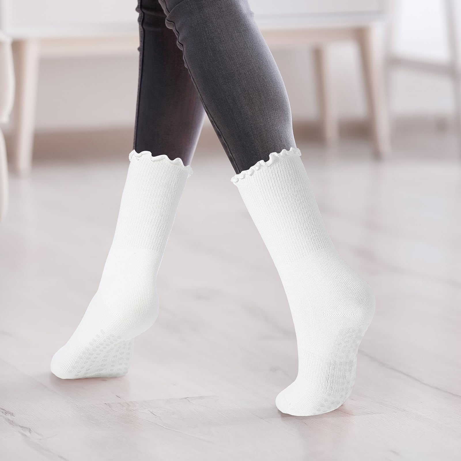 Jeere 4 Pairs Pilates Socks with Grips for Women Crew Non Slip Frilly Yoga Socks Cotton for Workout Hospital(White)