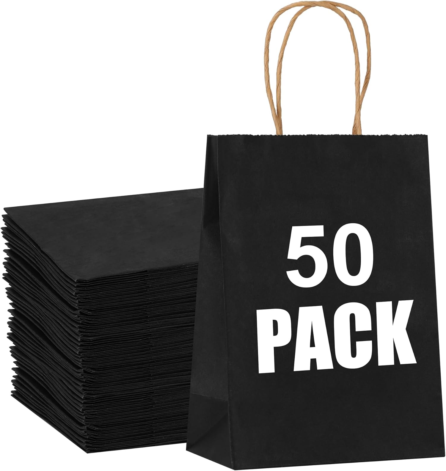 STOBOCTER 50Pcs Paper Gift Bags, 5.9"x3.15"x8.25" Gift Wrap Bags with Handles, Shopping Bags, Retail Bags for Small Business, Kraft Paper Bags, Gift Bags Bulk for Birthday Party Favors (Black)