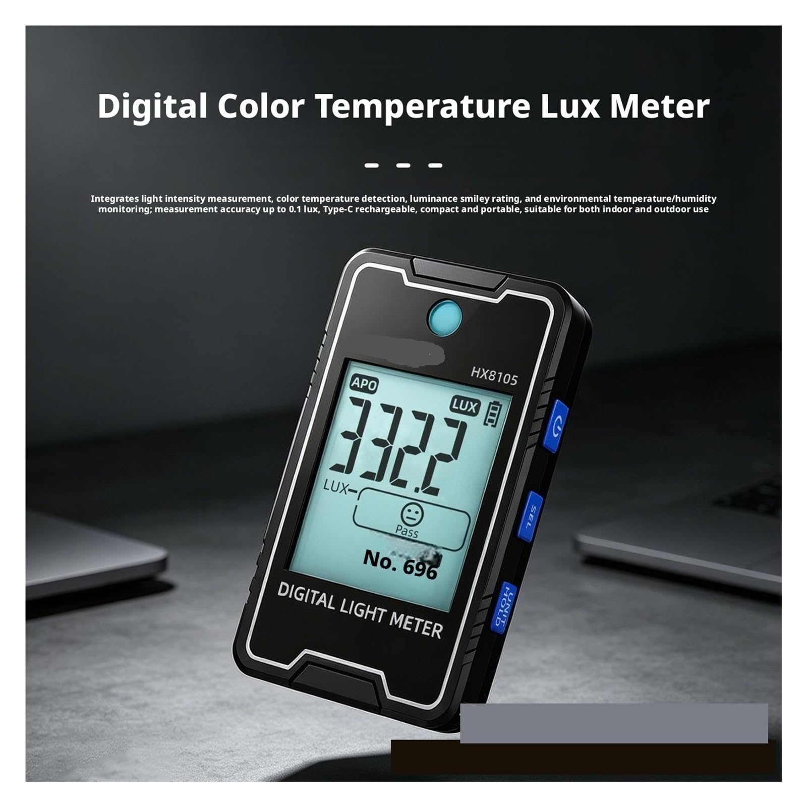 Medidor de Luz, Mini medidor Recargable de Temperatura Color y Lux, probador Humedad Ligera 4 en 1