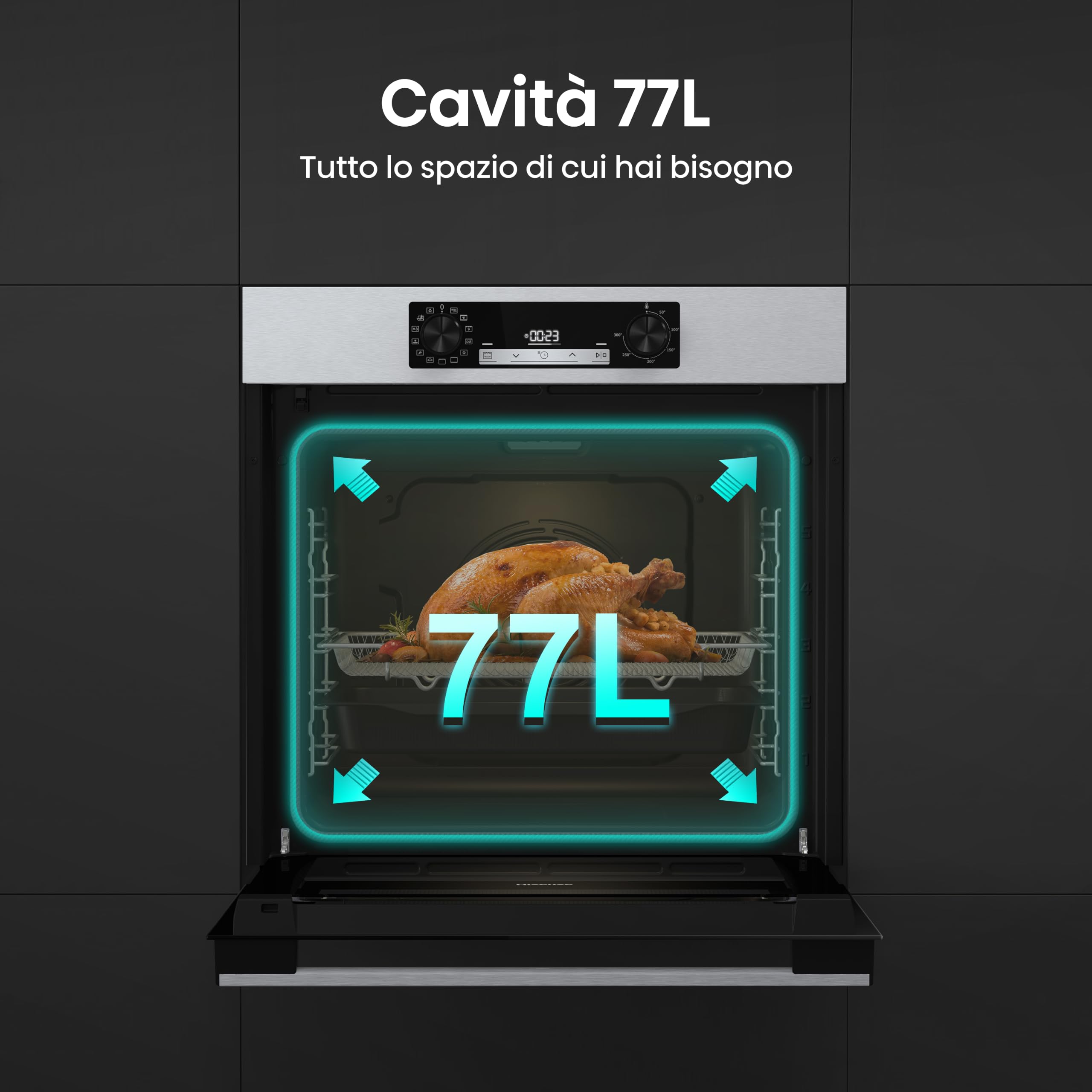 Hisense OP64211EX NUOVO Forno da Incasso Multifunzione 73 litri, Termoventilato, 3 vetri, Pulizia Pirolitica, 13 Funzioni, Pizza 300°C, AirFry, Display Touch, Guide Telescopiche, Inox con Vetro Nero