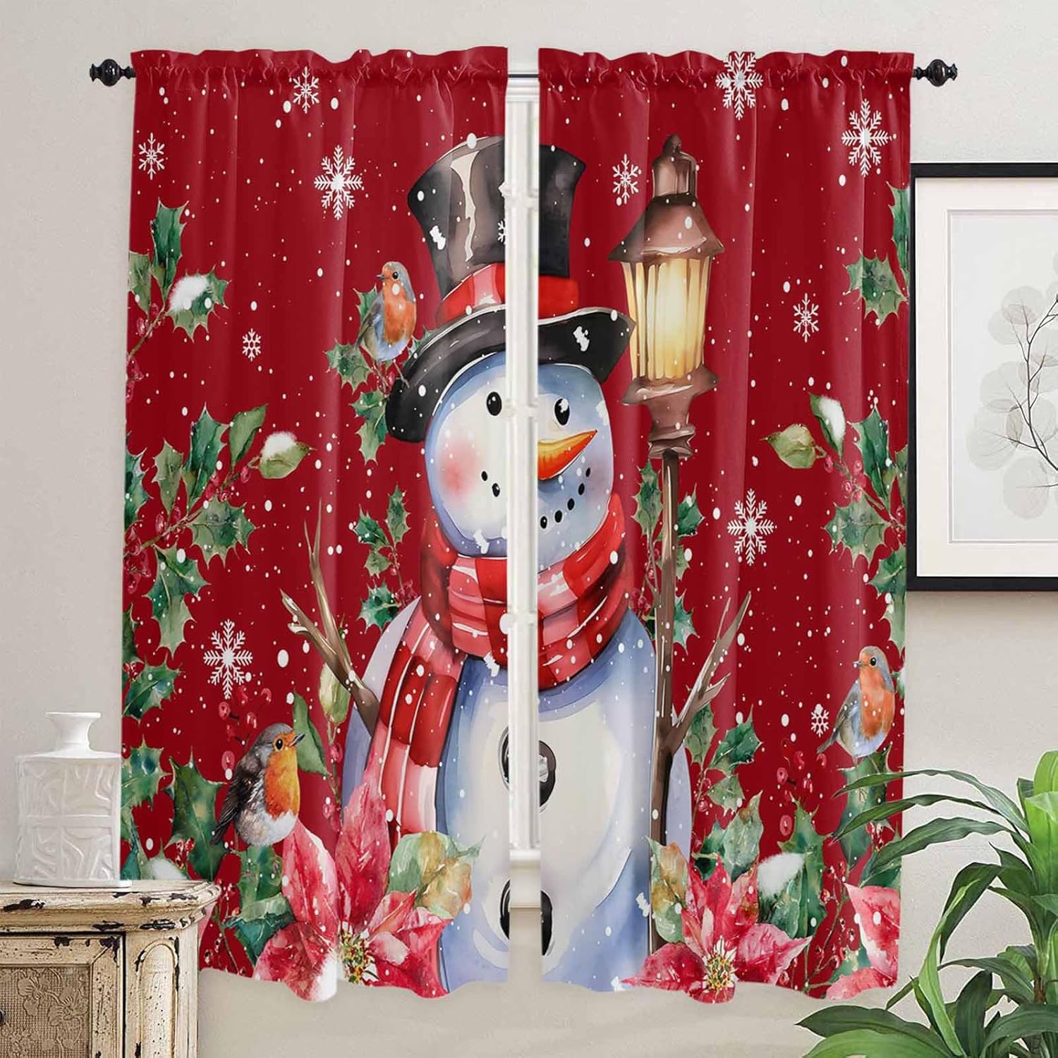 Red Snowman Window Curtains 72 Inch Long 2 Panel Set, Rod Pocket Long Curtains & Drapes, Christmas Poinsettia Winter Snowflake Light Filtering Window Treatment for Bedroom Living Room 52"W x 72"L