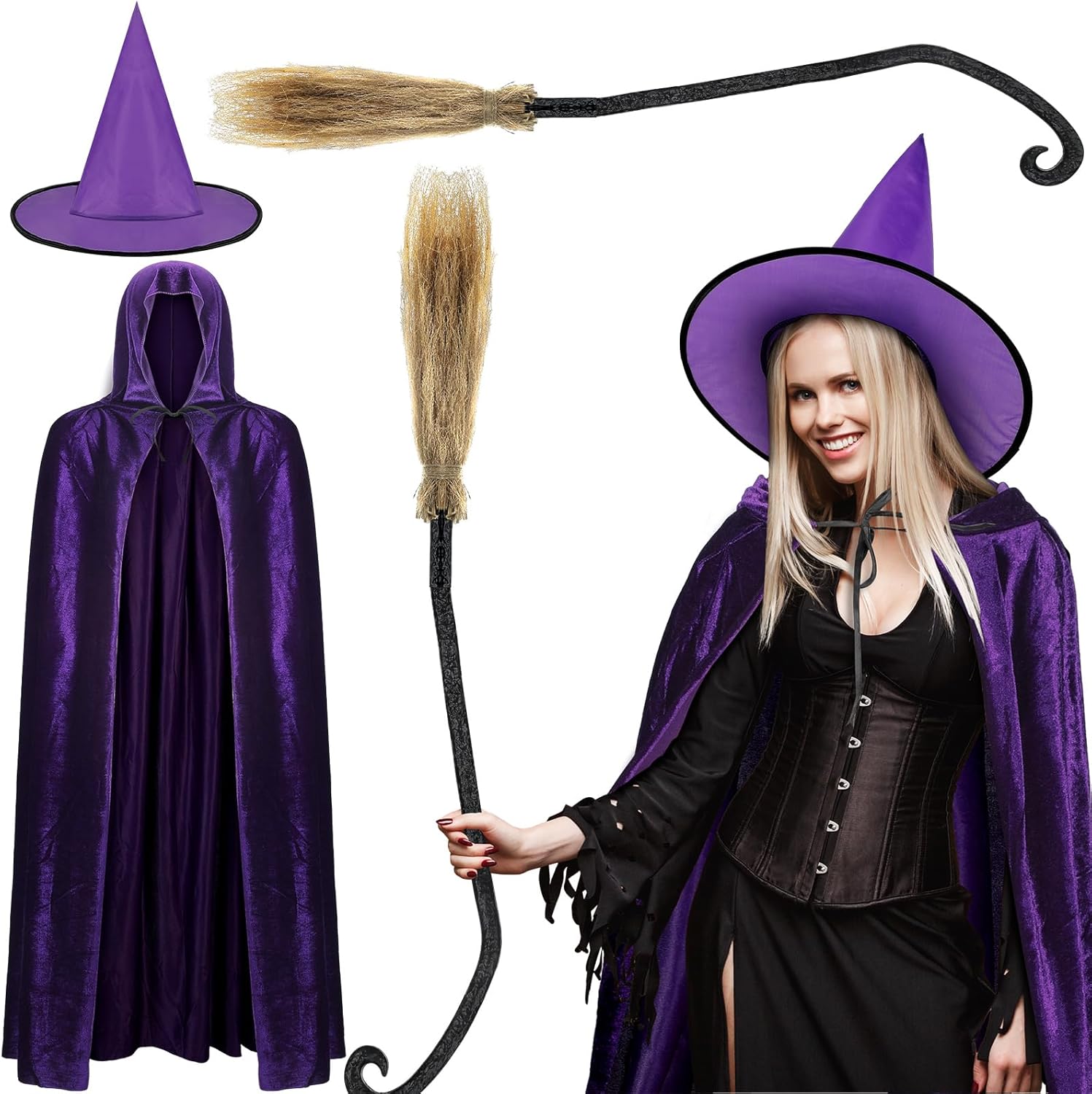 Jiuguva Disfraz de bruja de Halloween, unisex, de terciopelo, con capucha, capa de mago, escoba, sombrero de bruja para adultos, fiesta de cosplay
