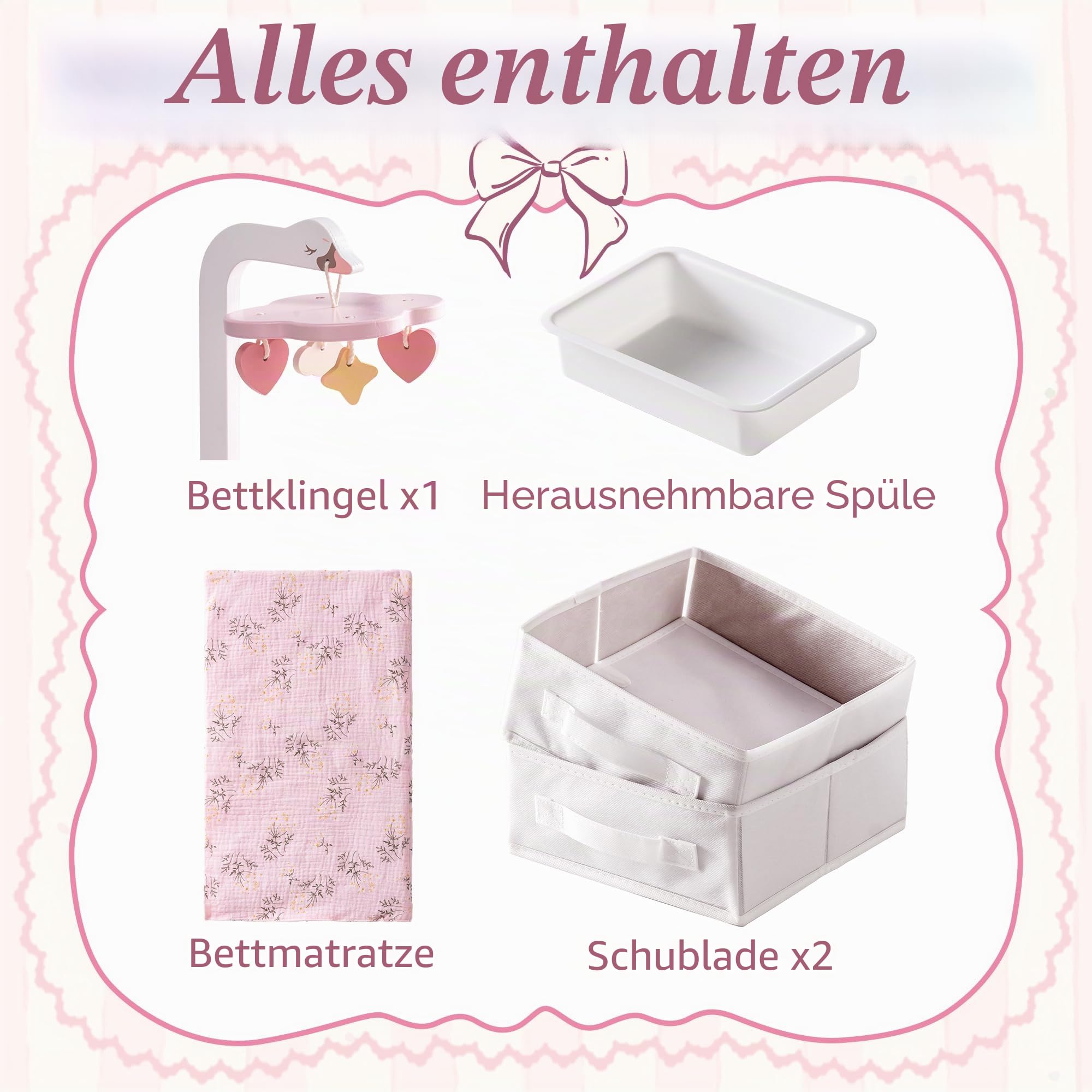 ROBUD Puppen Wickeltisch mit Hochstuhl für 45 cm Puppen, 2-in-1 Puppenmöbel Holz mit Waschbecken & Aufbewahrung, Puppenwickeltisch Puppenpflege Station, Geschenk für Mädchen ab 3 Jahren