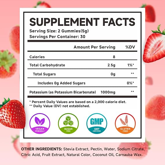 Potassium Gummies, Potassium Bicarbonate Supplement for Adults & Kids, Potassium Supplement for Electrolyte Balance & Muscle Heath, Sugar-Free, Strawberry Flavor, 60 Count