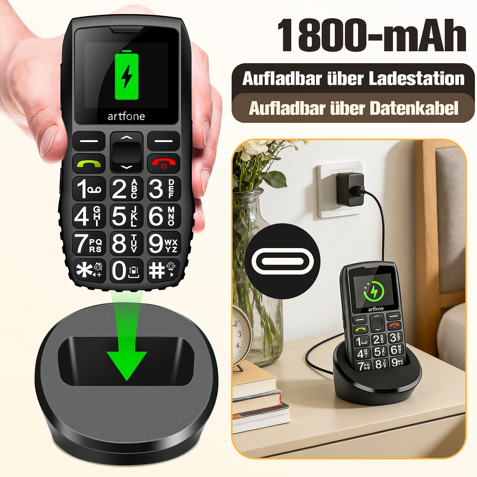 artfone 4G seniorenhandy ohne vertrag, Handy für senioren, Taschenlampe, Großer Lautstärkeregler, SIM mit Notruftaste, USB-C, 1800 mAh Akku & 1,77 Zoll Display
