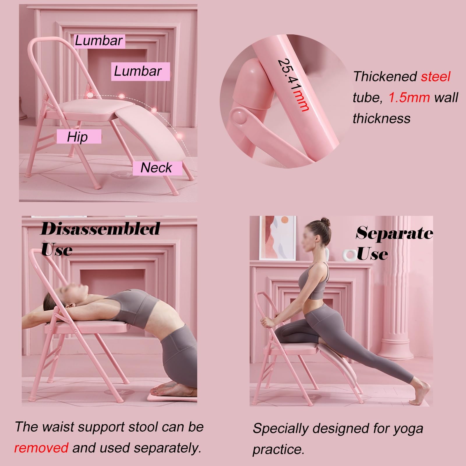 Sedia yoga Sedia Yoga Pieghevole Con Supporto Lombare Rimovibile, Strumento Di Allenamento Per L'inversione Dell'equilibrio Con Cuscino In PU, Sedia Yoga Per Esercizi Per La Vita/ I Glutei(Pink)