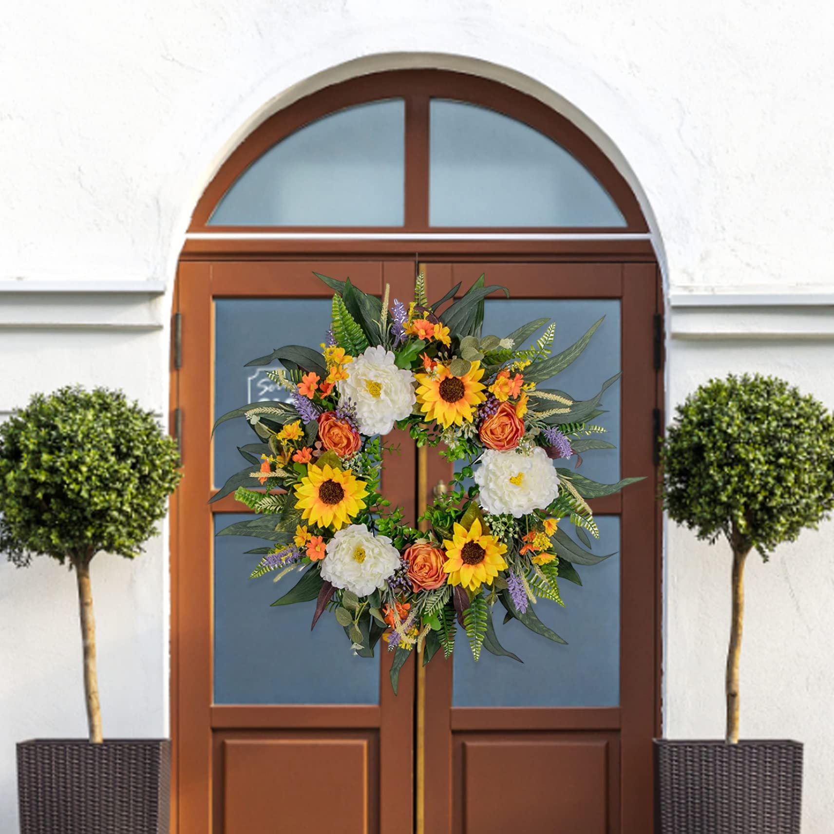 Couronne D'été Artificielle pour La Porte D'entrée Couronnes De Fleurs Eucalyptus Couronne De Porte D'été Guirlande De Porte Décorative pour Décoration Intérieure 40cm