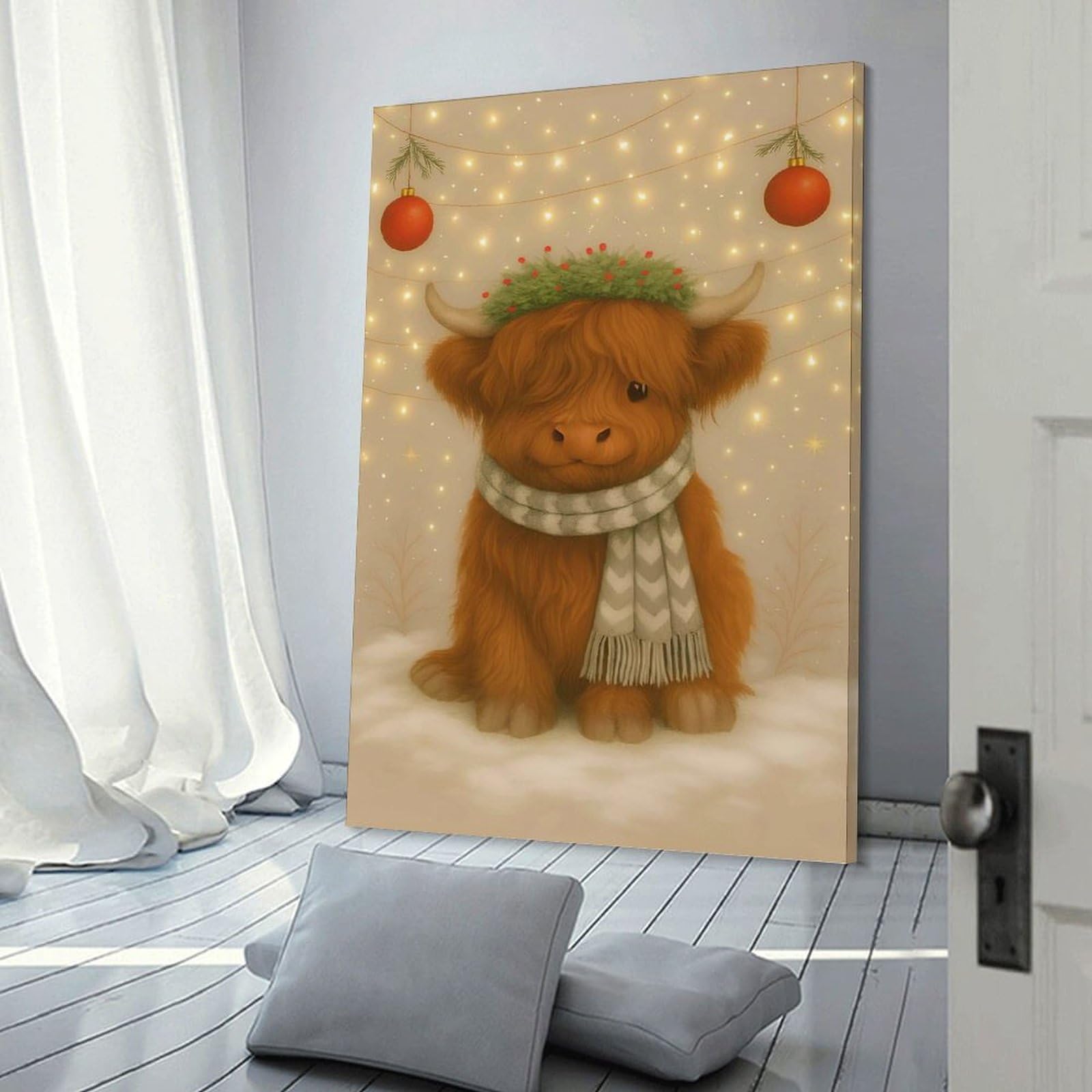 Junmoney Canvas Art Print Festive Highland Cow Christmas, 20x30inch(50x75cm), for Office, Study Or Home Workspace, Decorative Artwork for Productive Spaces