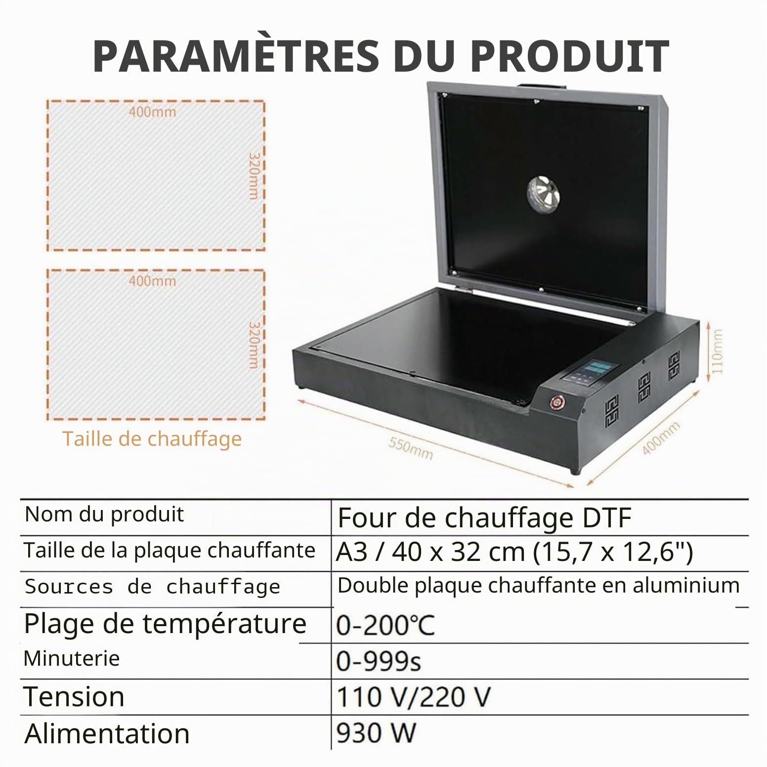 Four DTF 930 W - Séchage Par Double Chauffage,Format 40 X 32 Cm (15,7 X 12,5 Pouces), Avec Contrôle De Température Et Minuterie, Séchage Et Durcissement Des Films DTF A3/A4/A5, Chauffage Uniforme
